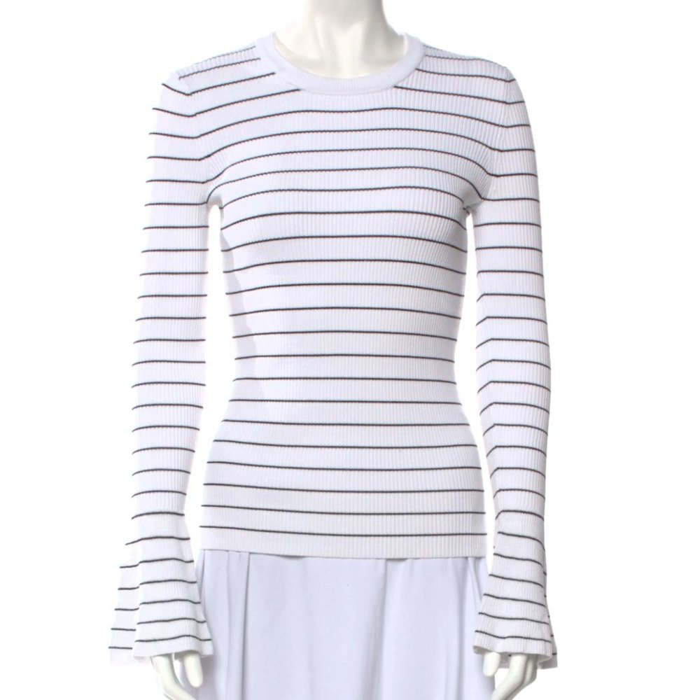 INTERMIX Striped Crew Neck Flared Sleeve Sweater